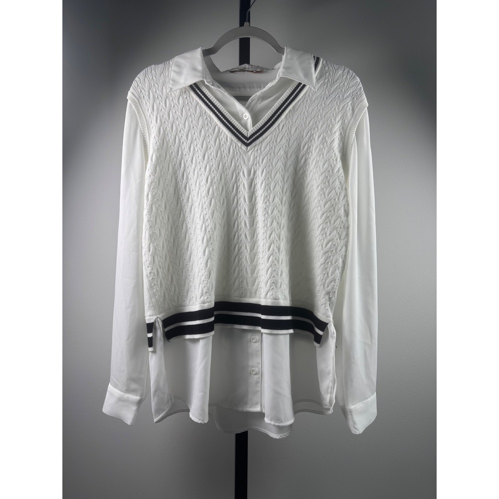 Belldini Layered Sweater Shirt Women Large White Excellent Preppy Cable Knit Top